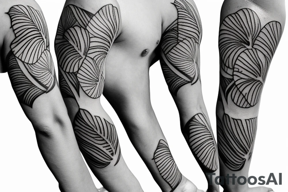 black background monstera leaves frangipani flowers sleeve tattoo idea