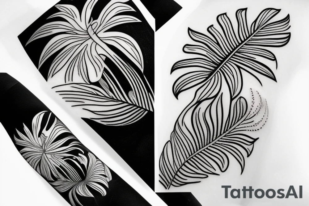 black background monstera leaves frangipani flowers sleeve tattoo idea