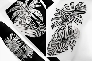 black background monstera leaves frangipani flowers sleeve tattoo idea