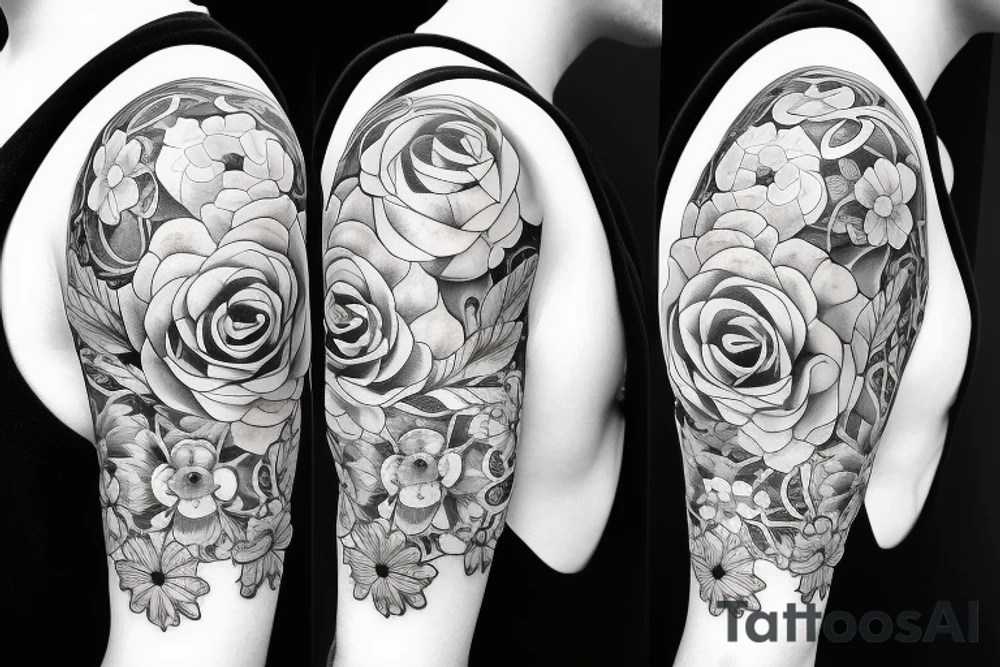 black sleeve with big flowers tattoo idea