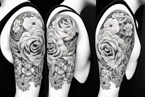 black sleeve with big flowers tattoo idea