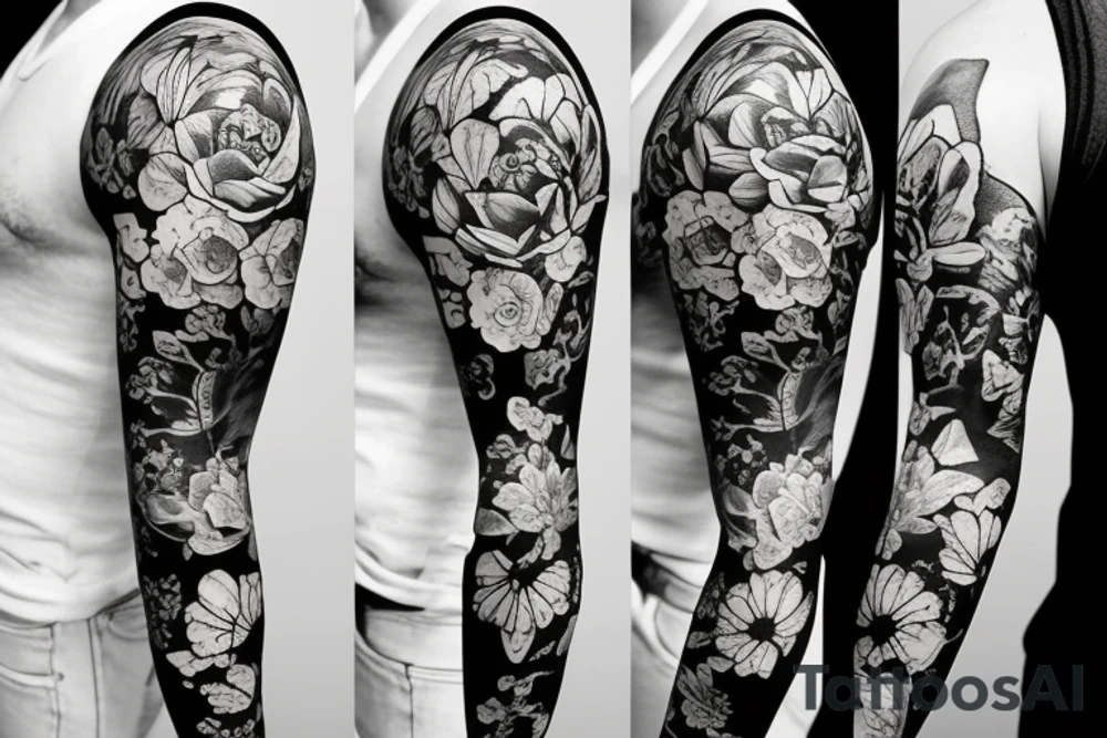 black sleeve with bracer and big flowers tattoo idea