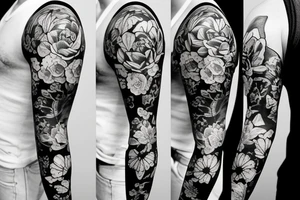 black sleeve with bracer and big flowers tattoo idea