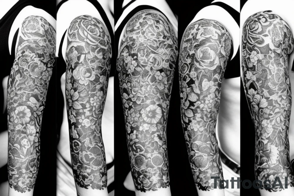 black sleeve with bracer and big flowers tattoo idea