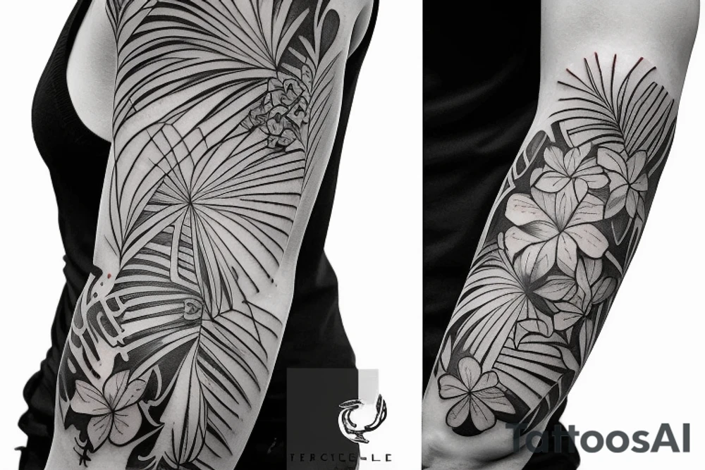 sketch black sleeve with bracer and tropical flowers tattoo idea