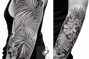 sketch black sleeve with bracer and tropical flowers tattoo idea