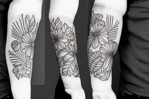 sketch black sleeve with bracer and tropical flowers tattoo idea