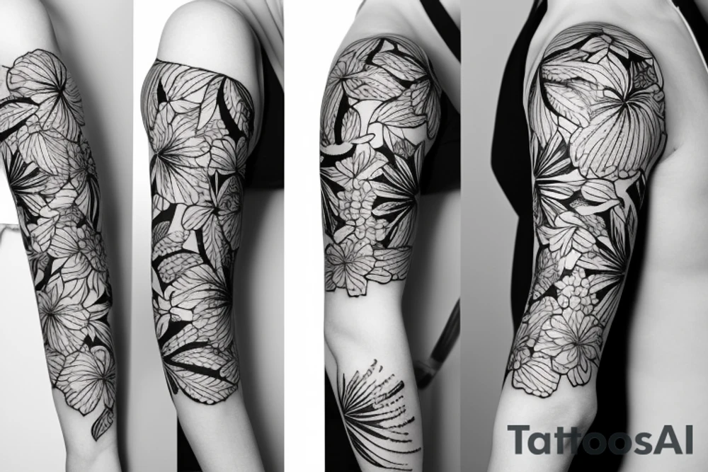 black sleeve with bracer and tropical flowers tattoo idea