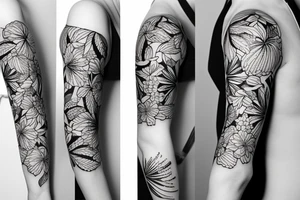 black sleeve with bracer and tropical flowers tattoo idea