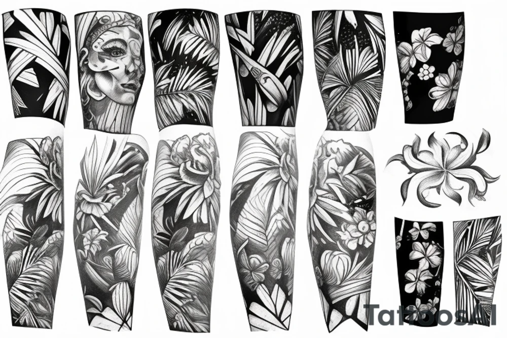 black sleeve with bracer and tropical flowers tattoo idea