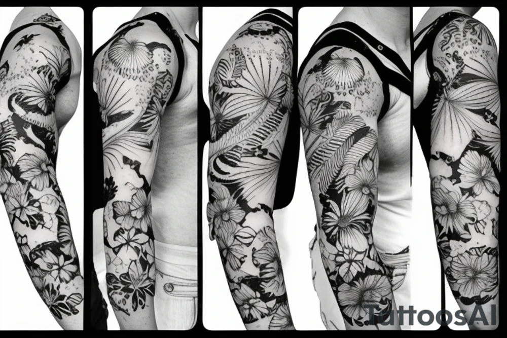 black background sleeve with bracer and tropical flowers tattoo idea
