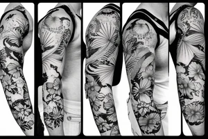 black background sleeve with bracer and tropical flowers tattoo idea