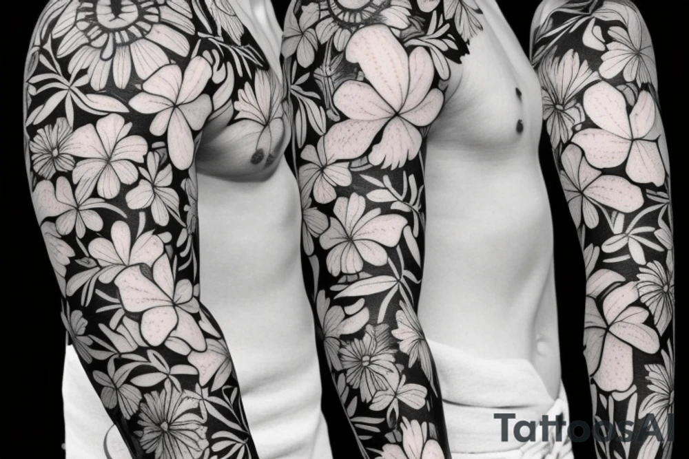 black background sleeve with bracer and tropical flowers tattoo idea