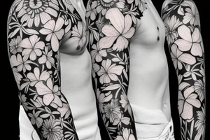 black background sleeve with bracer and tropical flowers tattoo idea