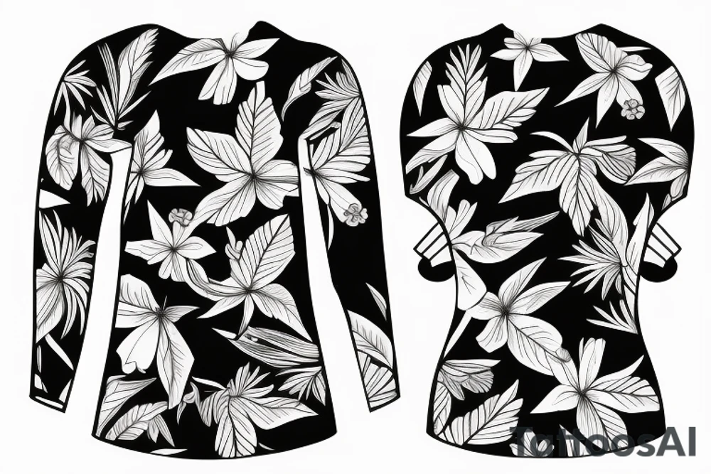 black background sleeve with bracer and tropical flowers tattoo idea