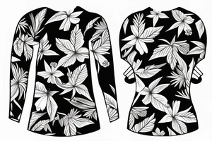 black background sleeve with bracer and tropical flowers tattoo idea
