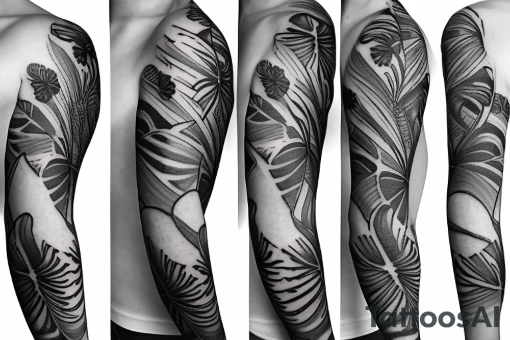 black background sleeve with bracer and tropical flowers tattoo idea