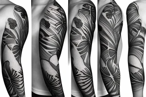 black background sleeve with bracer and tropical flowers tattoo idea
