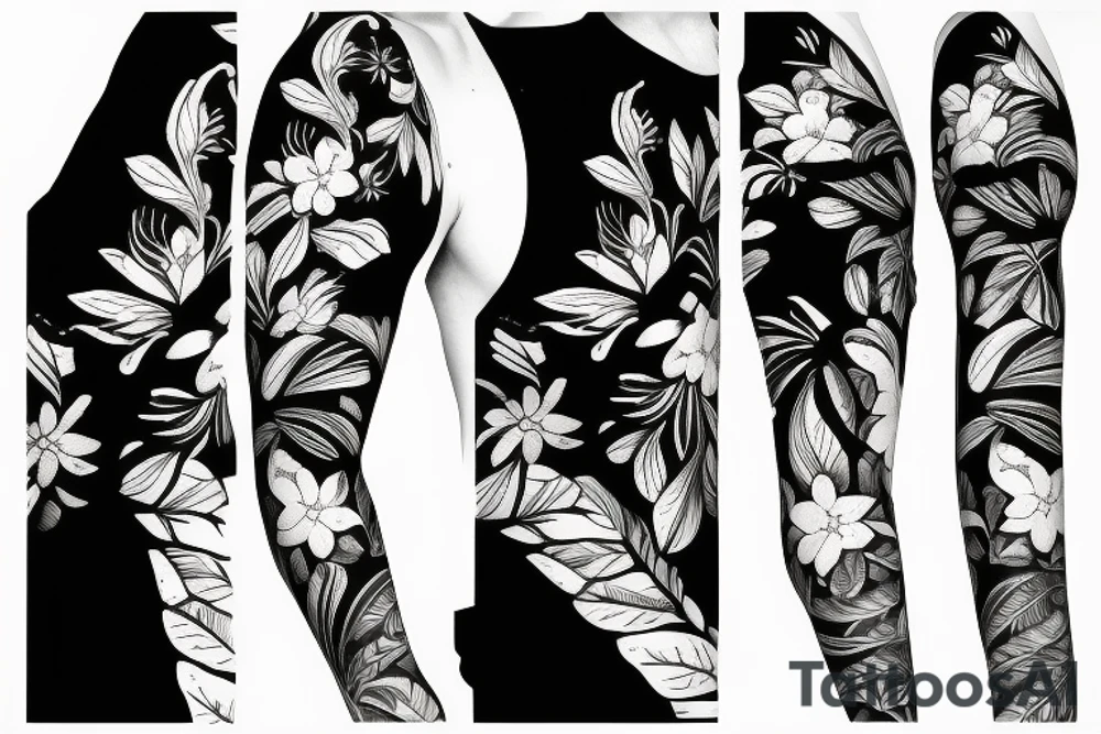 black background sleeve with tropical flowers tattoo idea