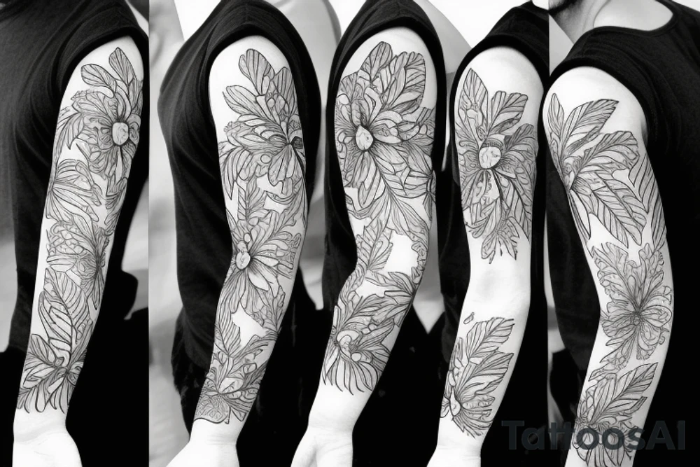 black background sleeve with tropical flowers tattoo idea