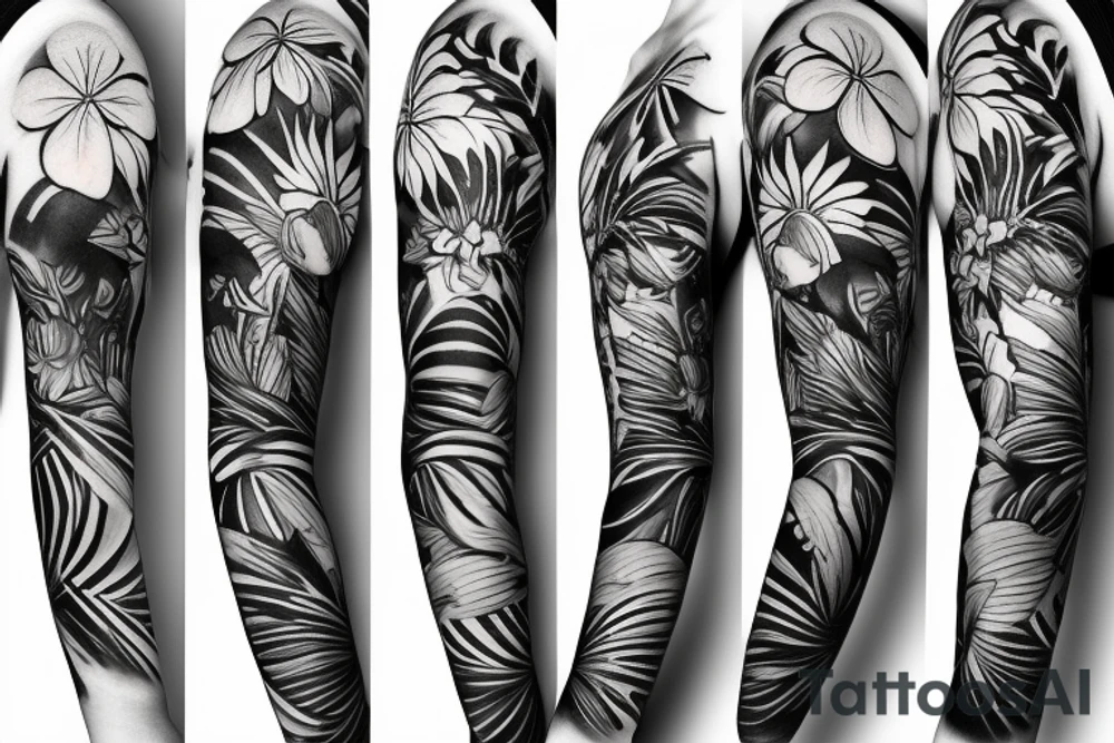 black background sleeve with tropical flowers tattoo idea