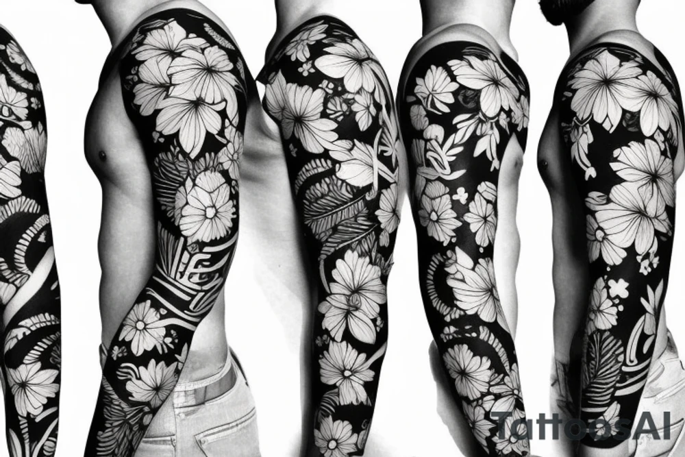 black background sleeve with tropical flowers tattoo idea
