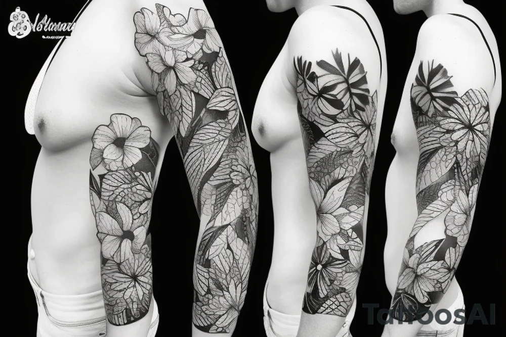 black background sleeve with tropical flowers tattoo idea