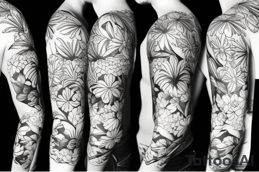 black background sleeve with tropical flowers tattoo idea