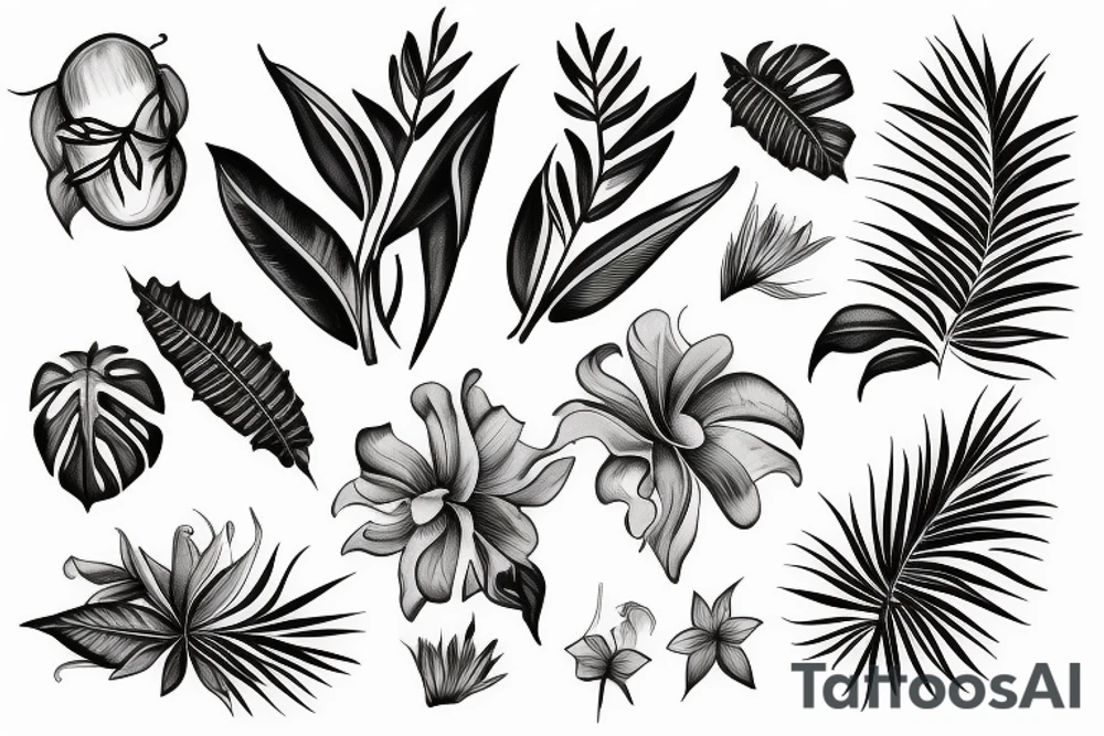 black background sleeve with tropical flowers tattoo idea