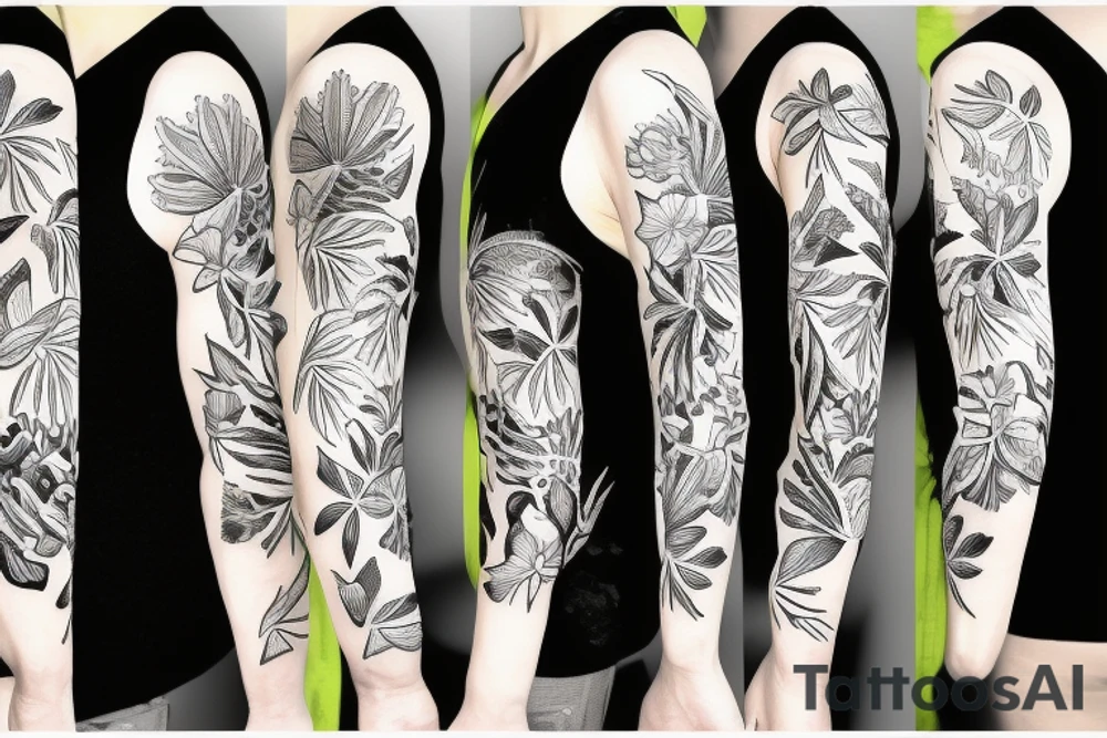 black background sleeve with tropical flowers tattoo idea