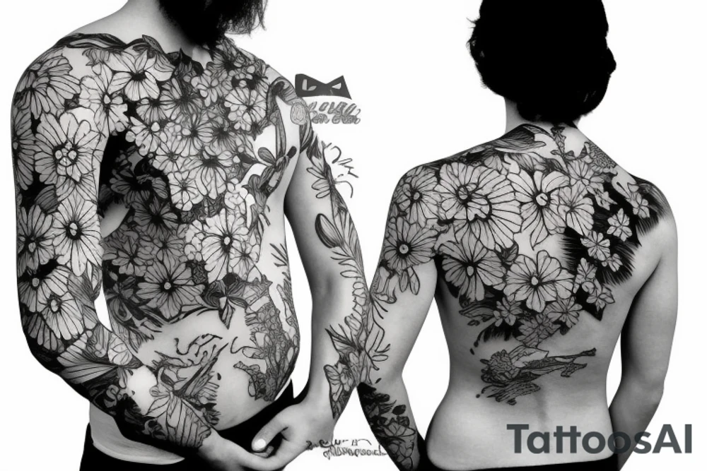 black background sleeve with tropical flowers tattoo idea
