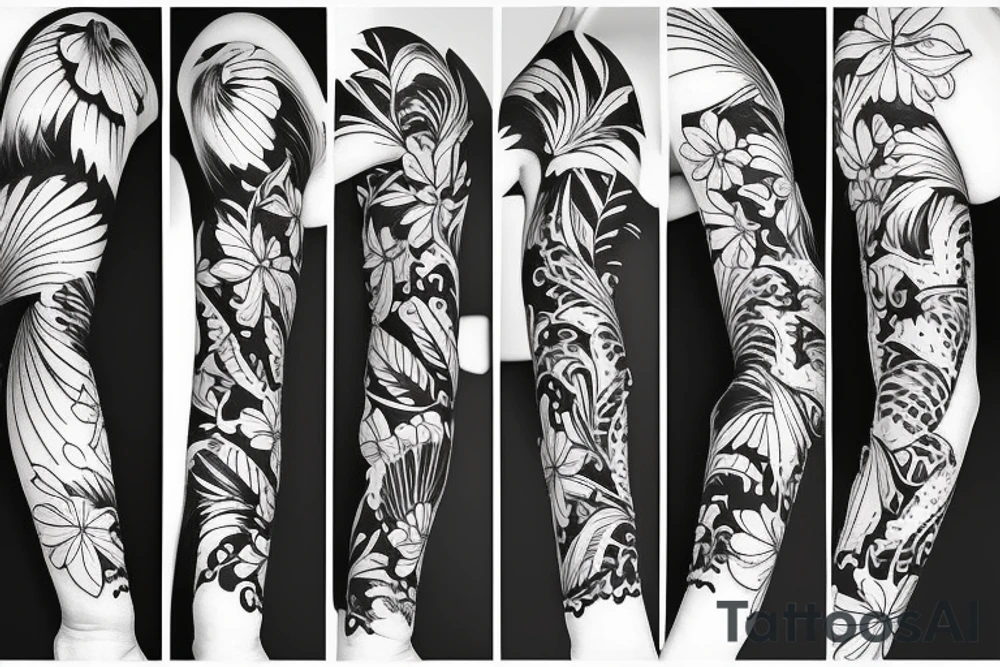 black background sleeve with tropical flowers tattoo idea