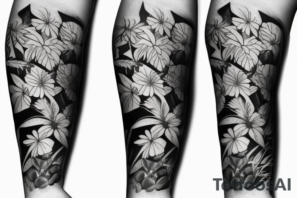 black background sleeve with tropical flowers tattoo idea
