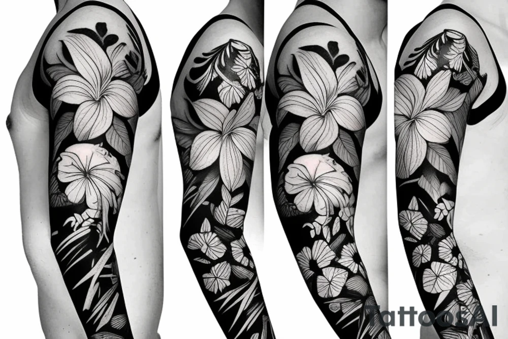 black background sleeve with tropical flowers tattoo idea