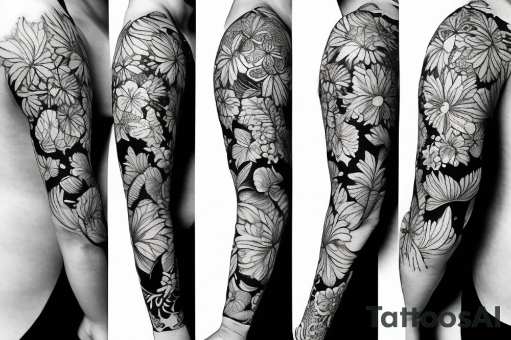 black background sleeve with tropical flowers tattoo idea