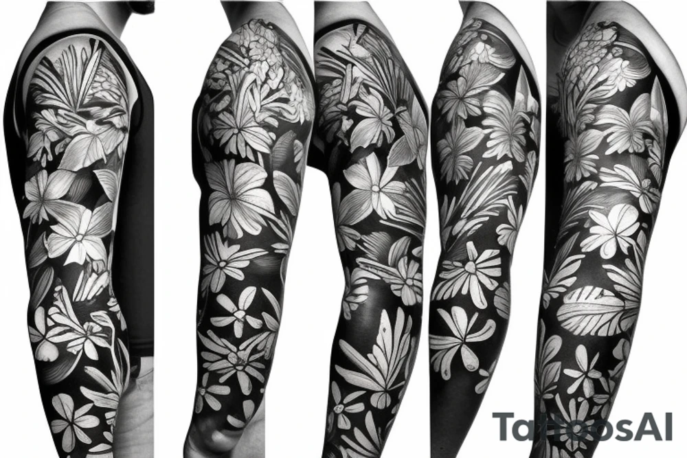 black background sleeve with tropical flowers tattoo idea