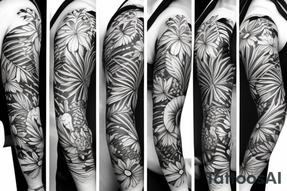 black background sleeve with tropical flowers tattoo idea