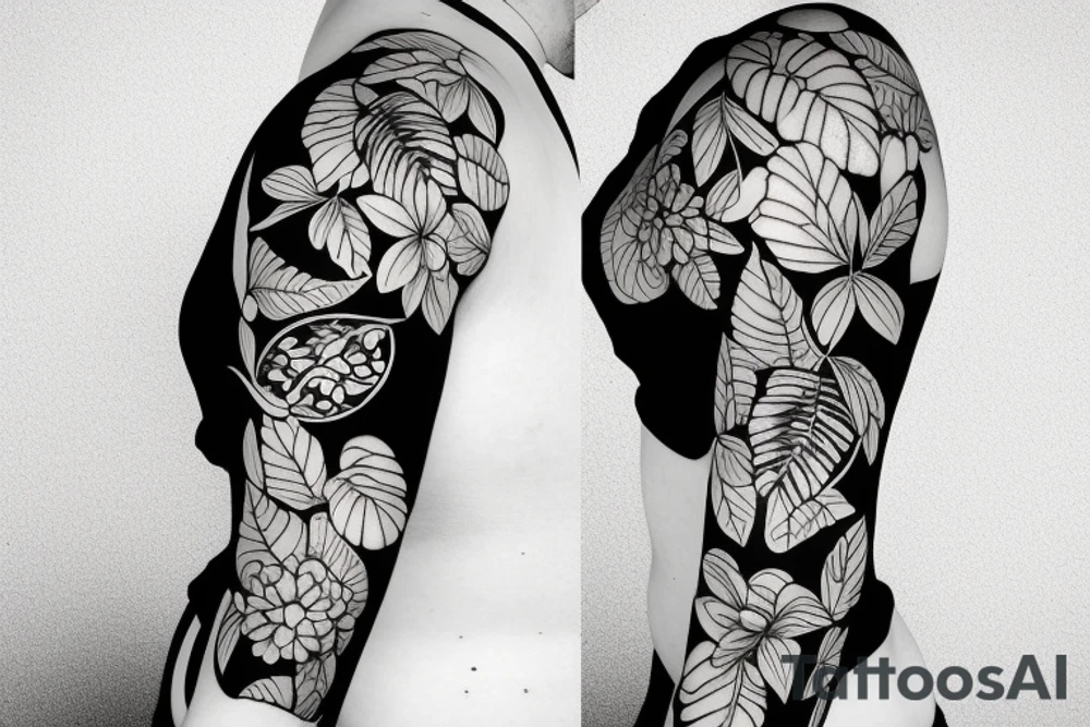 black background sleeve with tropical flowers tattoo idea