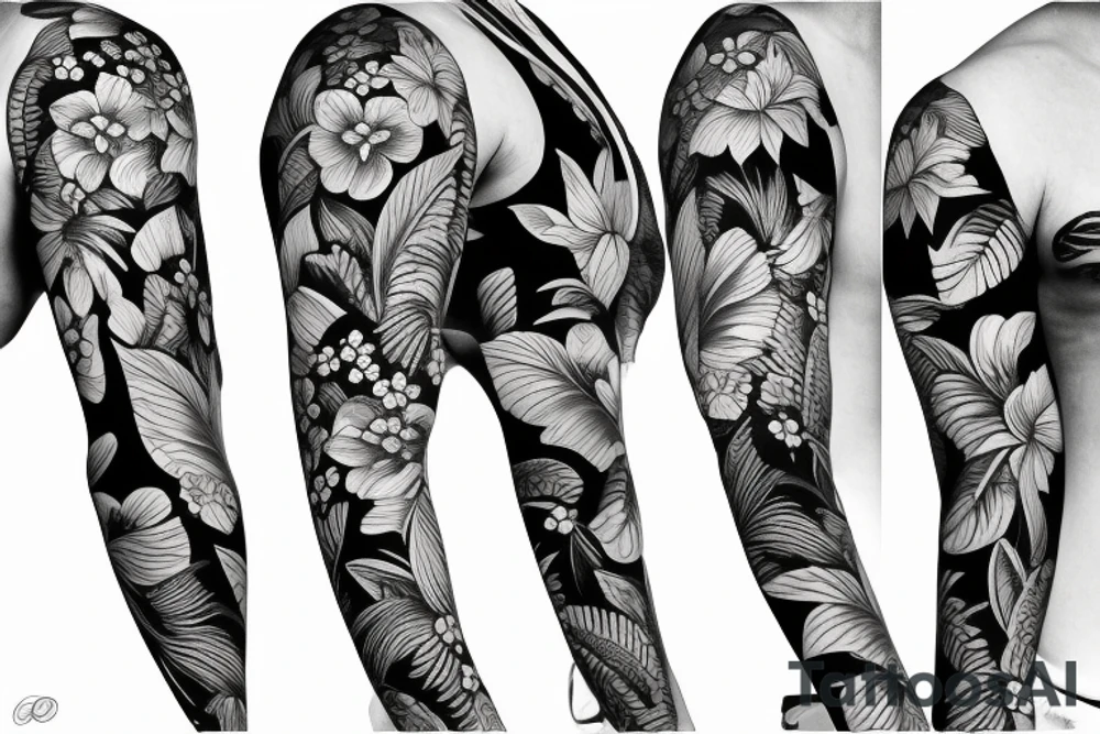 black background sleeve with tropical flowers tattoo idea