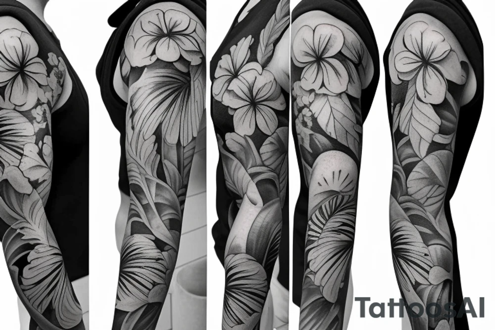black background sleeve with tropical flowers tattoo idea