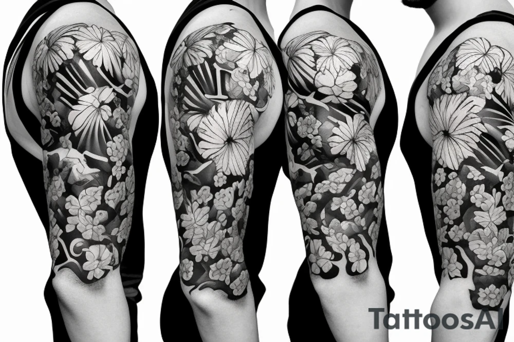 black background sleeve with tropical flowers tattoo idea