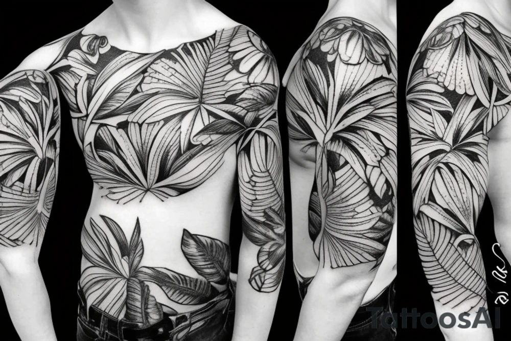 black background sleeve with tropical flowers tattoo idea