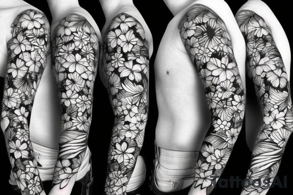 black background sleeve with tropical flowers tattoo idea