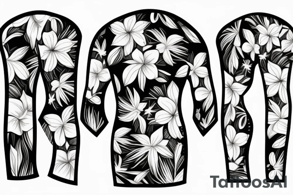 black background sleeve with tropical flowers tattoo idea