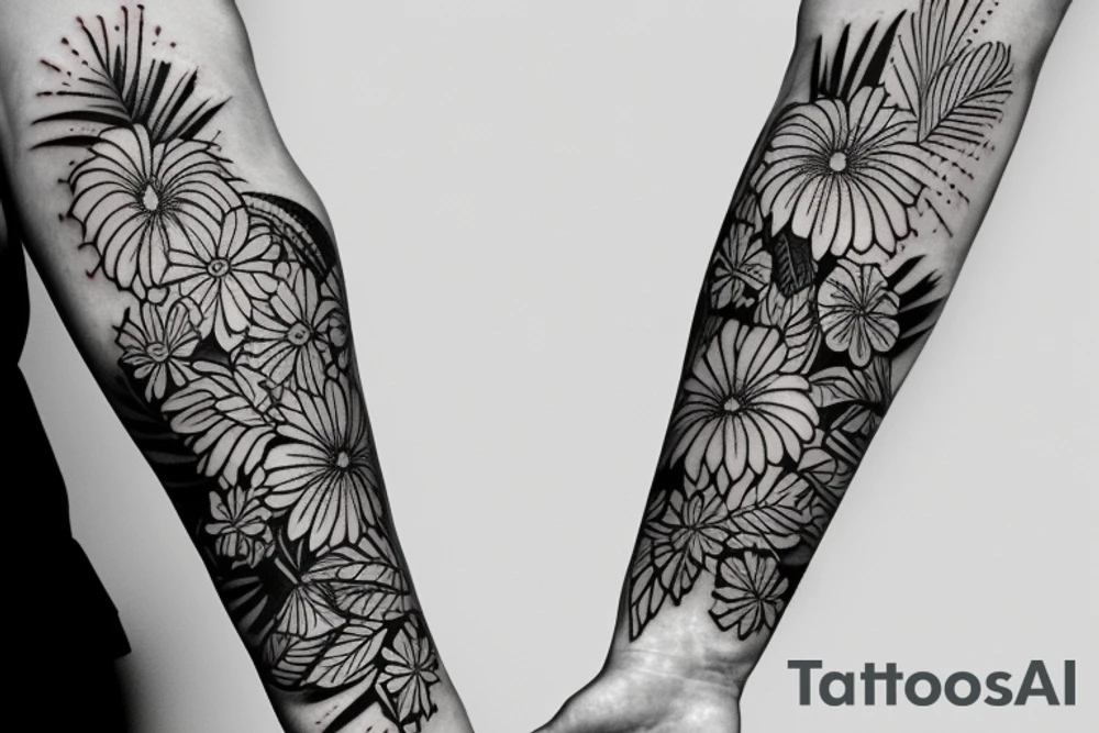 black background sleeve with tropical flowers tattoo idea