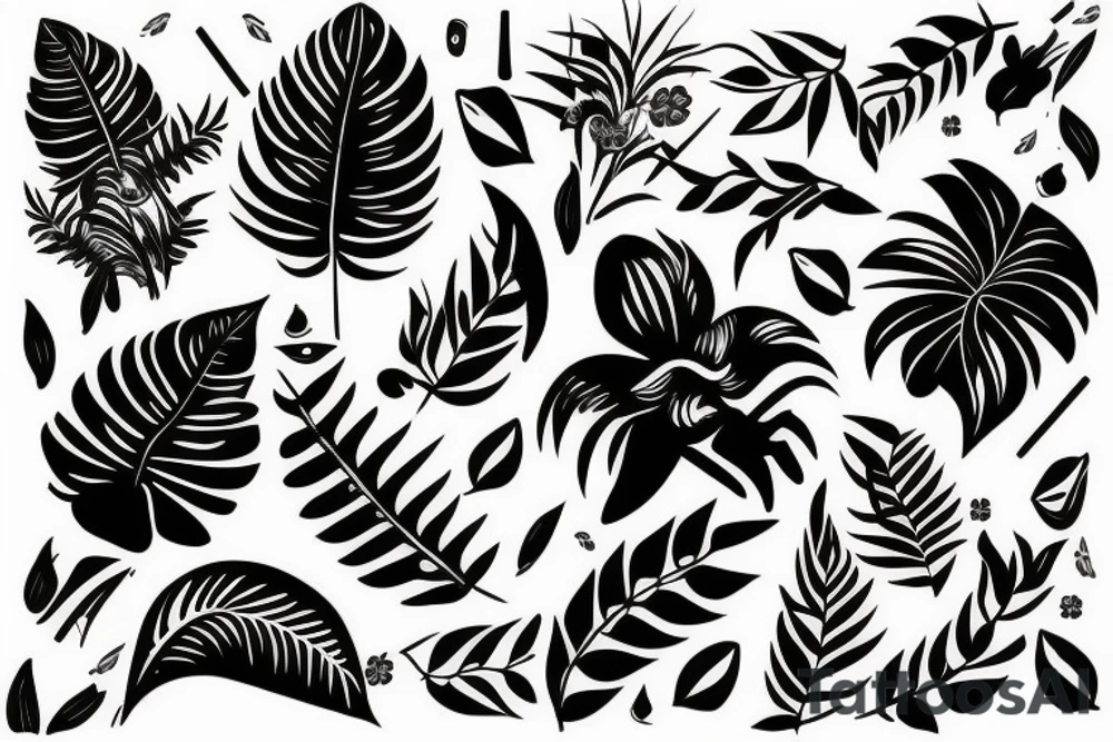 black background sleeve with tropical flowers tattoo idea