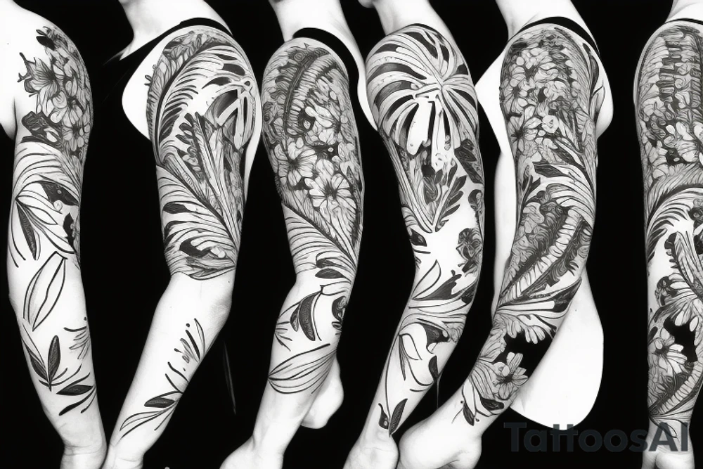 black background sleeve with tropical flowers tattoo idea