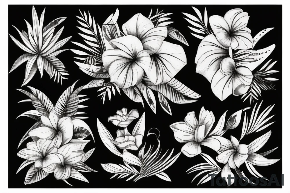 black background sleeve with tropical flowers tattoo idea