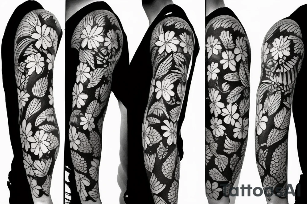 black background sleeve with tropical flowers tattoo idea