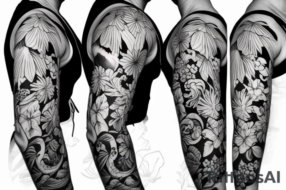 black background sleeve with tropical flowers tattoo idea